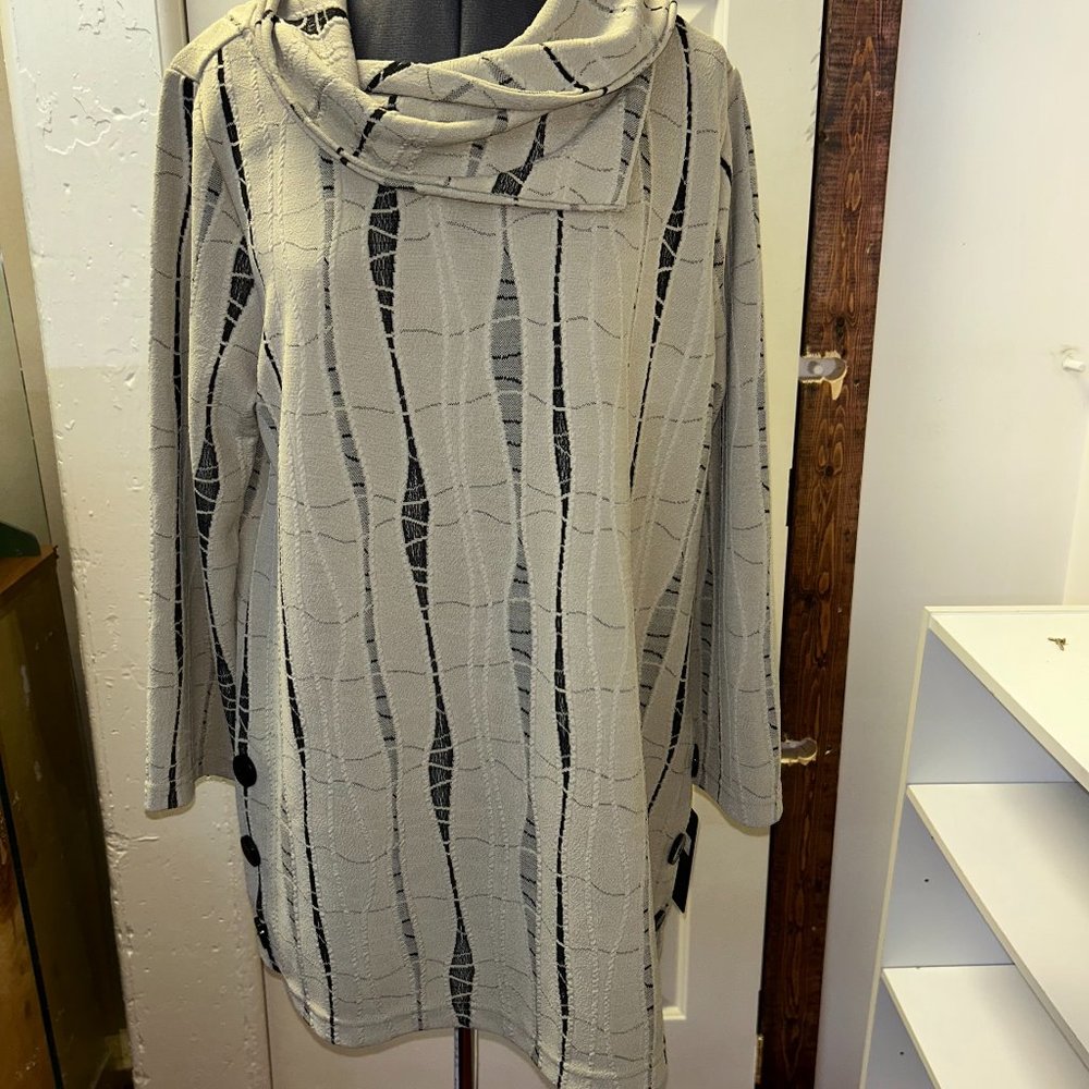 scoop-neck long tunic sweater.